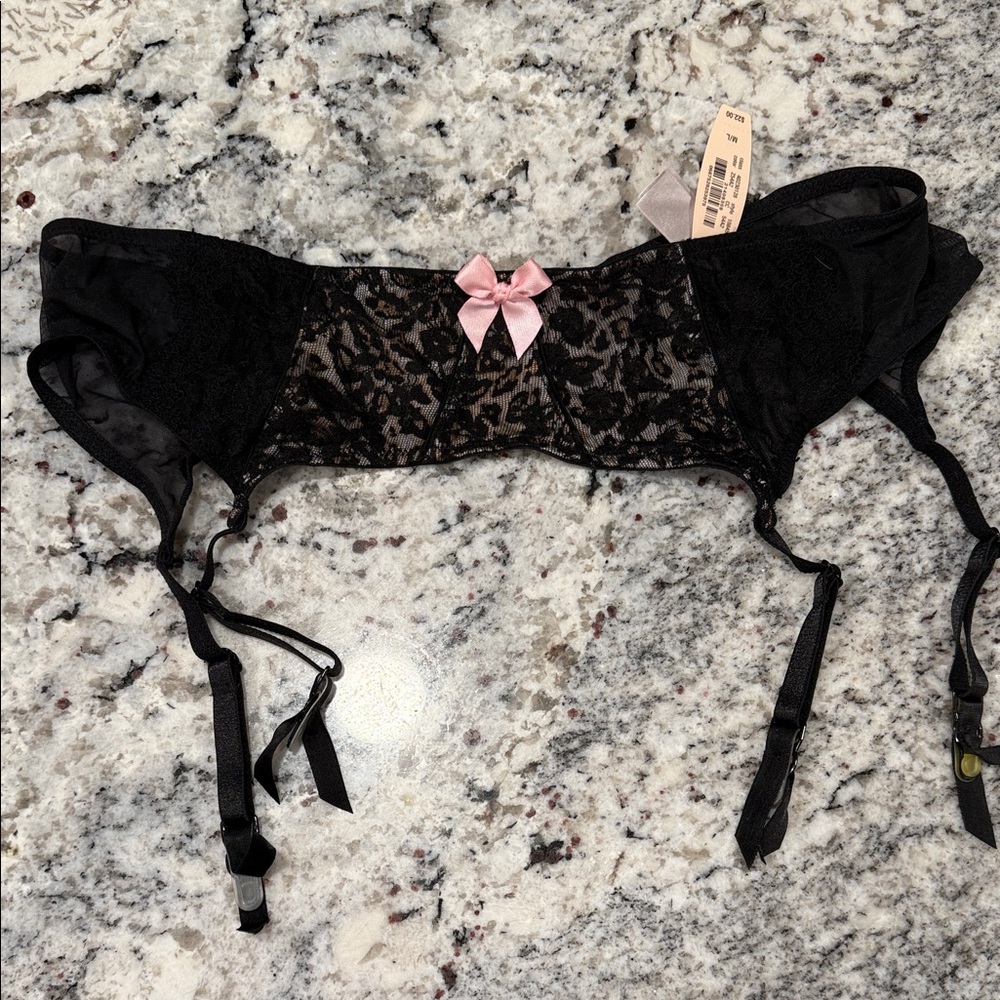Victoria's Secret Black Lace Garter Belt with Pink Bow